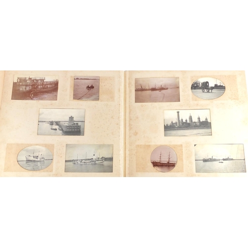 351 - Late 19th/Early 20th century black and white photograph album, probably of Burma including ships, st... 