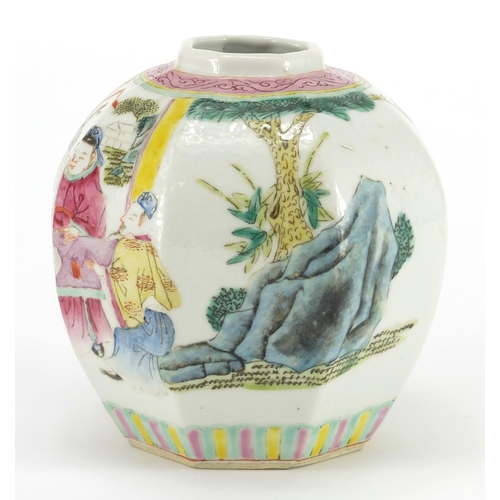 578 - Chinese octagonal porcelain jar, hand painted in the famille rose palette with figures, six figure c... 