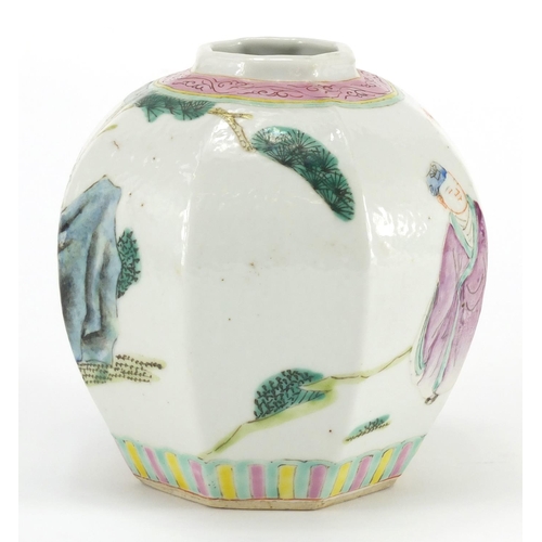 578 - Chinese octagonal porcelain jar, hand painted in the famille rose palette with figures, six figure c... 