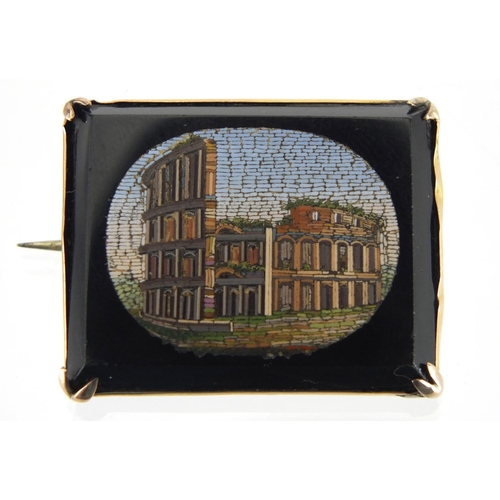 1048 - Italian micro mosaic brooch, depicting the Colosseum Rome, with unmarked gold mount, 3.4cm wide