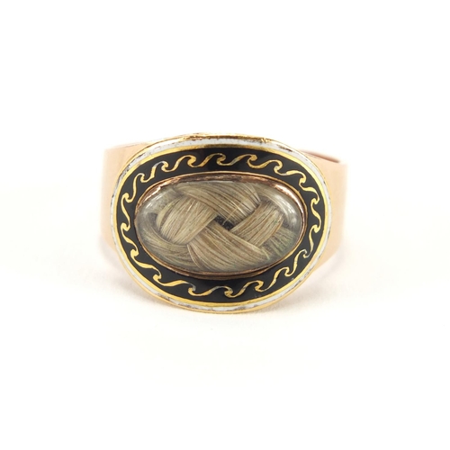 1053 - Georgian unmarked gold black and white enamel mourning ring, engraved Tho's Robson. ?.30.Oct 1797 ze... 