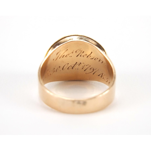 1053 - Georgian unmarked gold black and white enamel mourning ring, engraved Tho's Robson. ?.30.Oct 1797 ze... 