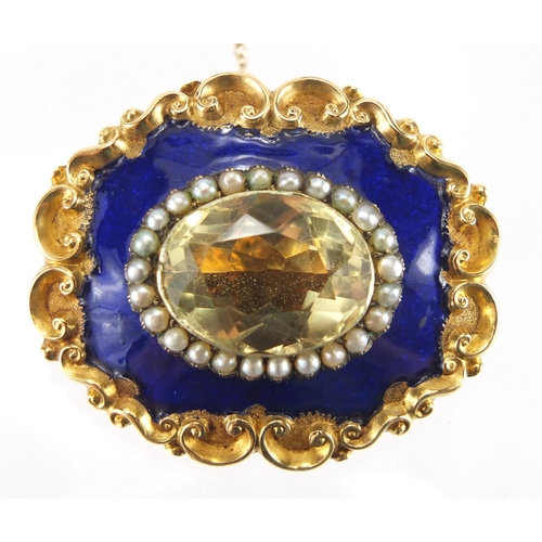 1056 - Victorian unmarked gold, citrine, seed pearl and blue enamel mourning brooch, engraved Mary Louisa J... 