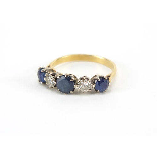 1067 - Unmarked gold sapphire and diamond five stone ring, size K, approximate weight 2.6g