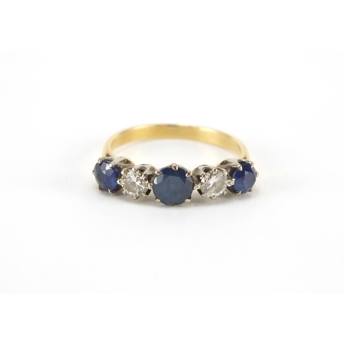 1067 - Unmarked gold sapphire and diamond five stone ring, size K, approximate weight 2.6g