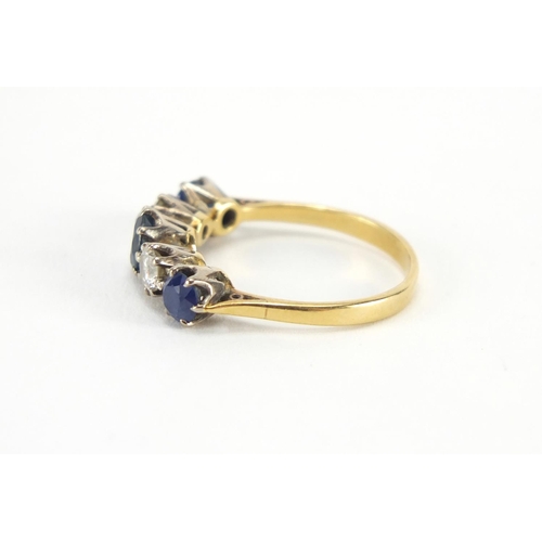 1067 - Unmarked gold sapphire and diamond five stone ring, size K, approximate weight 2.6g