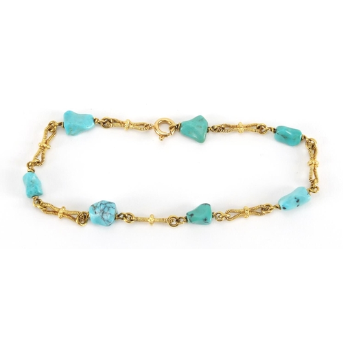 1075 - 18ct gold and turquoise bracelet and ring, the bracelet 20cm in length, the ring size L, approximate... 