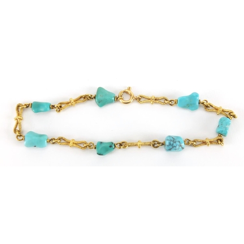 1075 - 18ct gold and turquoise bracelet and ring, the bracelet 20cm in length, the ring size L, approximate... 