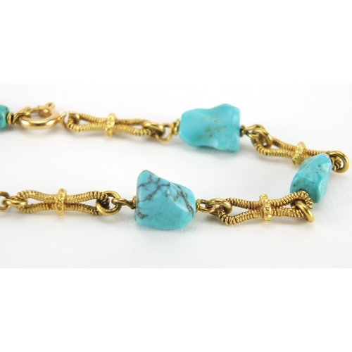 1075 - 18ct gold and turquoise bracelet and ring, the bracelet 20cm in length, the ring size L, approximate... 