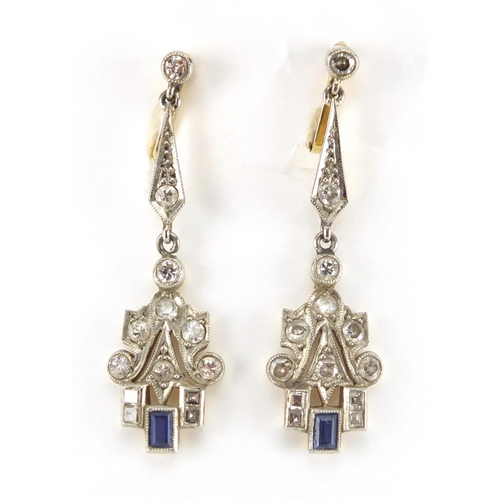 1046 - Pair of Art Deco unmarked gold sapphire and diamond drop earrings, 3.5cm in length, approximate weig... 