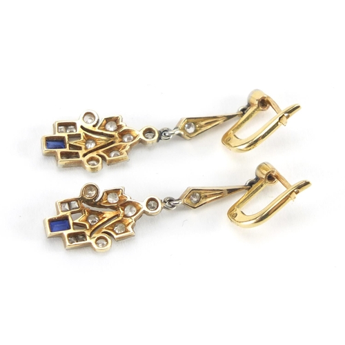 1046 - Pair of Art Deco unmarked gold sapphire and diamond drop earrings, 3.5cm in length, approximate weig... 