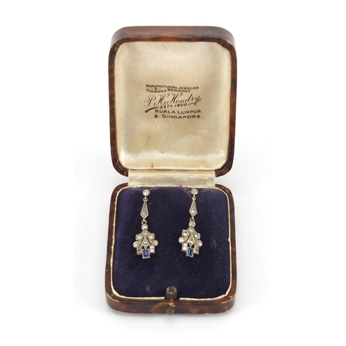 1046 - Pair of Art Deco unmarked gold sapphire and diamond drop earrings, 3.5cm in length, approximate weig... 