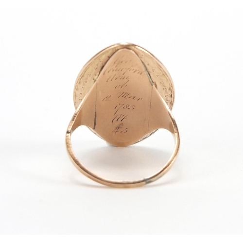 1060 - Georgian unmarked gold mourning ring, with indistinct inscription dated 1785/45, size R, approximate... 