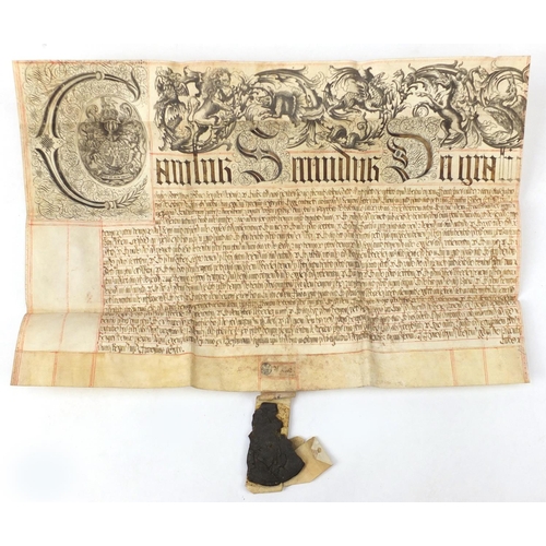 345 - Charles II hand inscribed recovery document on vellum, with the Royal Coat of Arms, part wax seal an... 