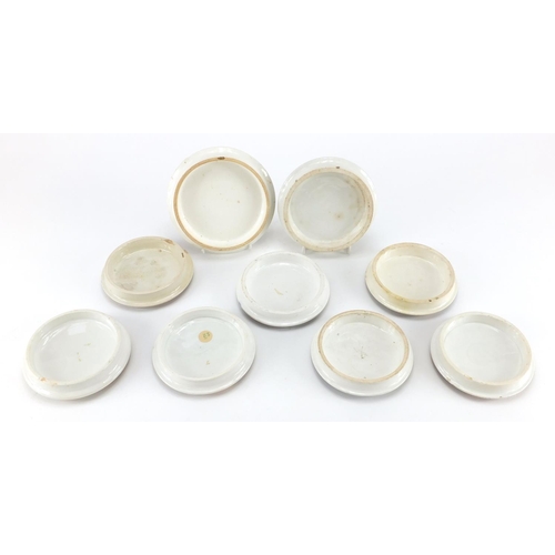 835 - Nine 19th century Prattware pot lids including Belle Vue Pegwell Bay, Hide and Seek and The Wolf and... 