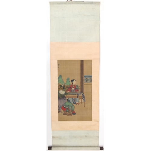 726 - Chinese wall hanging scroll hand painted with a scholar, signed with character marks and red seal ma... 