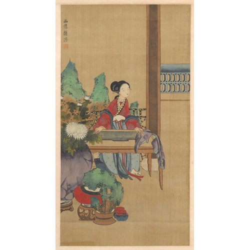 726 - Chinese wall hanging scroll hand painted with a scholar, signed with character marks and red seal ma... 