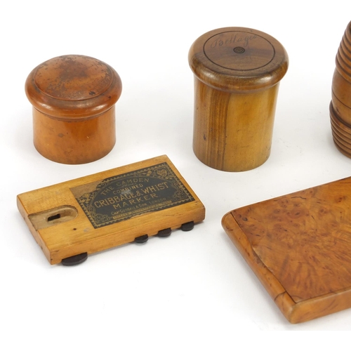 22 - Mostly antique treen including burr snuff box, whist marker and etched glass beaker housed in an oli... 