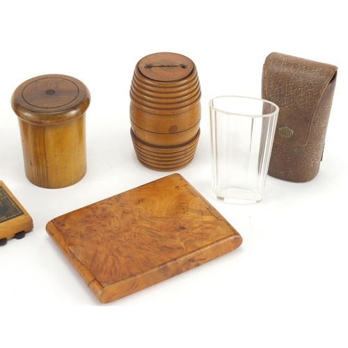 22 - Mostly antique treen including burr snuff box, whist marker and etched glass beaker housed in an oli... 