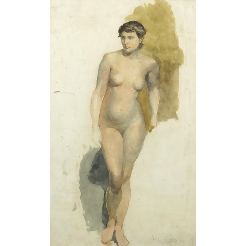 1489 - John Absolon RI - Standing nude female, pencil and watercolour, framed, 32.5cm x 20.5cm