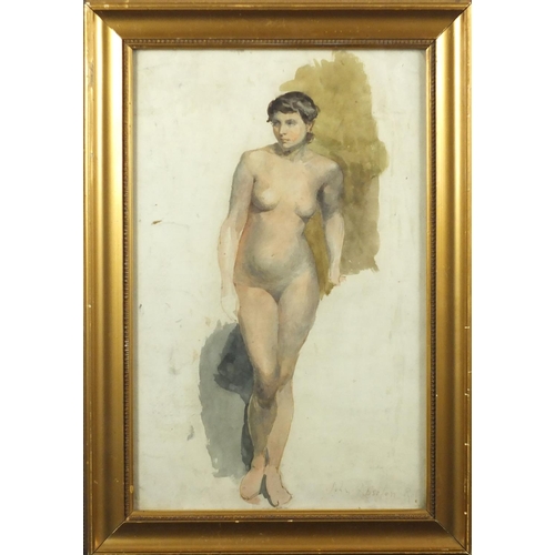 1489 - John Absolon RI - Standing nude female, pencil and watercolour, framed, 32.5cm x 20.5cm