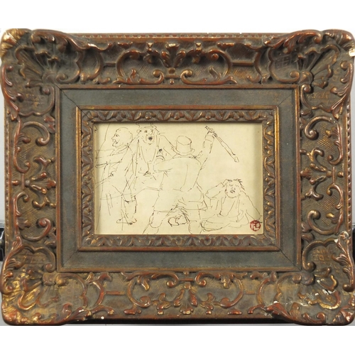 1503 - Fight scene, ink drawing, bearing a stamp and Paris label verso, mounted and framed, 14.5cm x 10cm