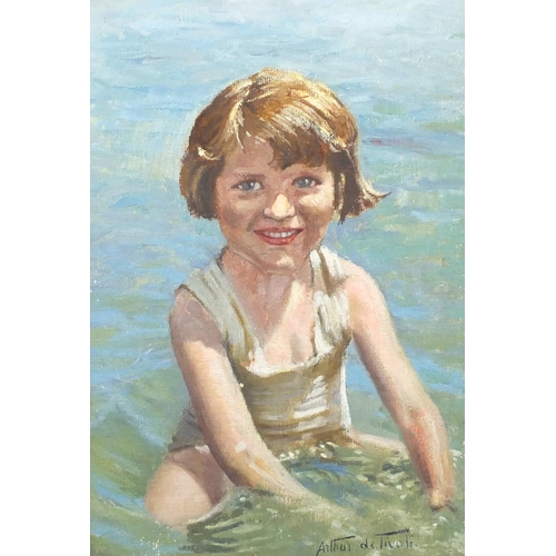 1319 - Arthur De Tivoli - Young girl in the sea, oil on board, framed, 33.5cm x 24cm