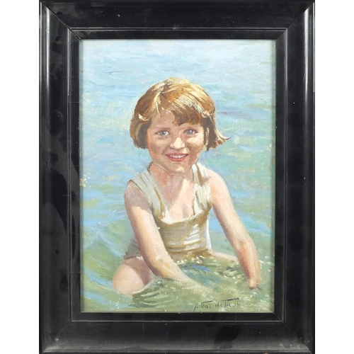 1319 - Arthur De Tivoli - Young girl in the sea, oil on board, framed, 33.5cm x 24cm
