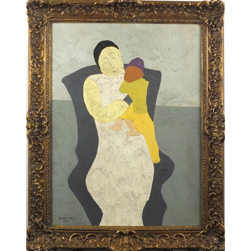 1309 - Mother and child in an interior, oil on canvas, bearing a signature Milton Avery and label verso, fr... 