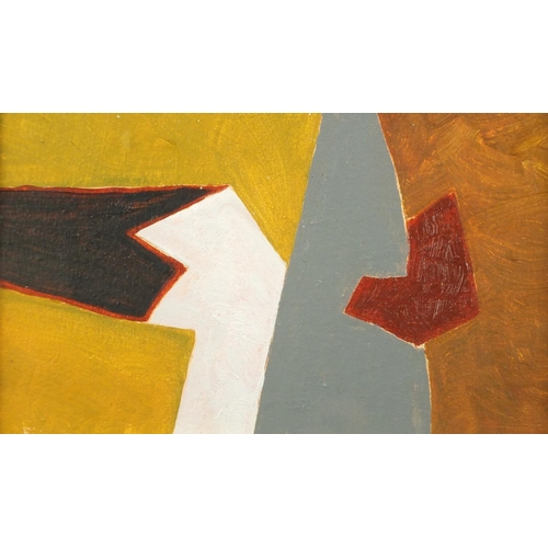 1326 - Abstract composition, colourful shapes, oil on board, bearing an inscription Heath Tribbett verso, m... 