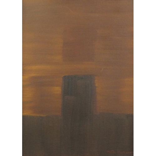 1472 - Abstract composition, brown monochrome oil on canvas board, bearing a signature Mira 1975, mounted a... 