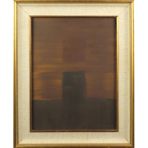 1472 - Abstract composition, brown monochrome oil on canvas board, bearing a signature Mira 1975, mounted a... 