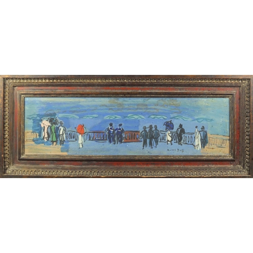 1291 - Circle of Raoul Dufy - Figures on a promenade, oil on card, mounted and framed, 70.5cm x 19cm