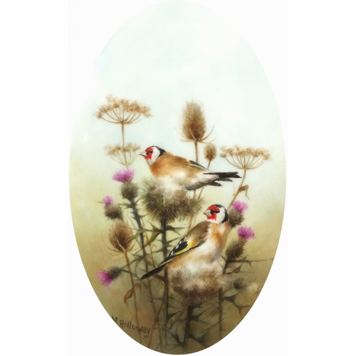 836 - Fine Art Ceramic oval porcelain plaque hand painted with two bullfinches by Milwyn Holloway, factory... 