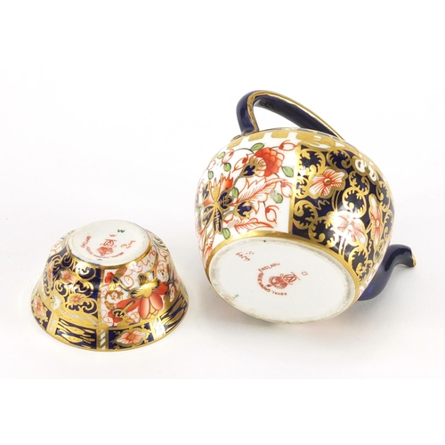 818 - Miniature Royal Crown Derby Imari teapot and bowl, factory marks to the bases, the largest 7cm high