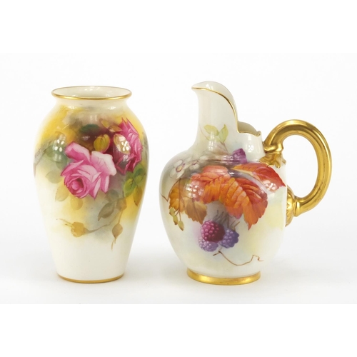 804 - Royal Worcester porcelain vase hand painted with roses by Millie Hunt and a jug hand painted with be... 