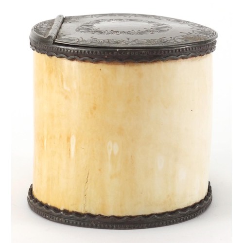 96 - 19th century oval ivory and Britannia metal tobacco jar, with lead tamping lid, 10.7cm high