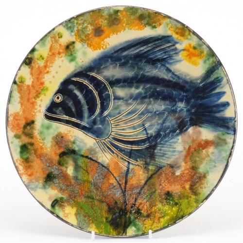 980 - Art Nouveau Barum pottery footed dish, hand painted with a stylised fish, incised marks to the rever... 