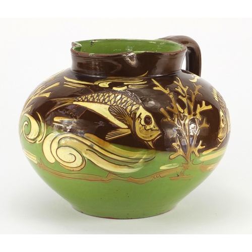 979 - Art Nouveau Barum pottery jug by C H Brannam, hand painted with stylised fish, incised marks and dat... 