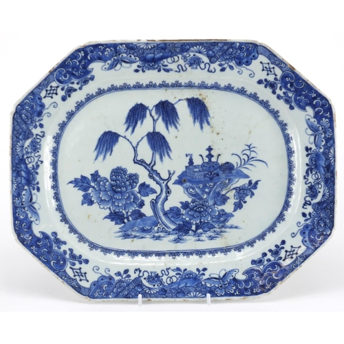 537 - Chinese blue and white porcelain platter, hand painted with a central panel of objects and flowers w... 