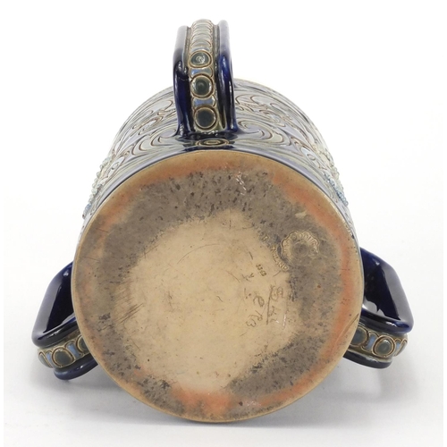 958 - Art Nouveau Doulton Lambeth tyg with silver mounted rim, hand painted and incised with stylised flow... 