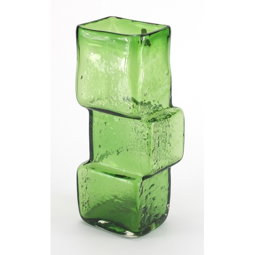 878 - Large Whitefriars meadow green drunken bricklayer vase, designed by Geoffrey Baxter, with paper labe... 