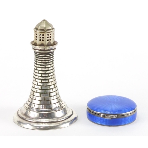 52 - Circular silver and blue guilloche enamelled trinket and a novelty silver plated caster in the form ... 