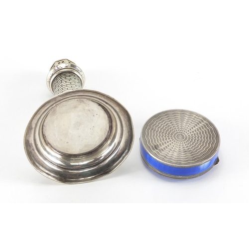 52 - Circular silver and blue guilloche enamelled trinket and a novelty silver plated caster in the form ... 