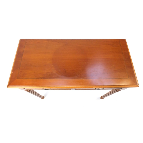 48 - Inlaid yew hall table, fitted with two frieze drawers, 77cm H x 80cm W x 36cm D