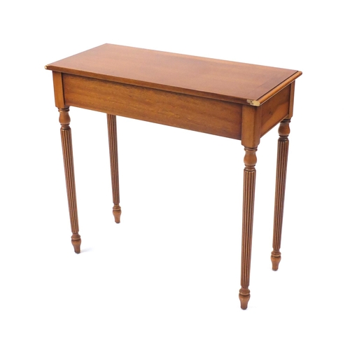 48 - Inlaid yew hall table, fitted with two frieze drawers, 77cm H x 80cm W x 36cm D
