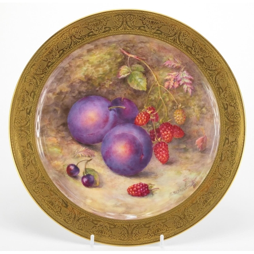 805 - Royal Worcester porcelain cabinet plate hand painted with fruit by Richard Sebright, within a gilt f... 