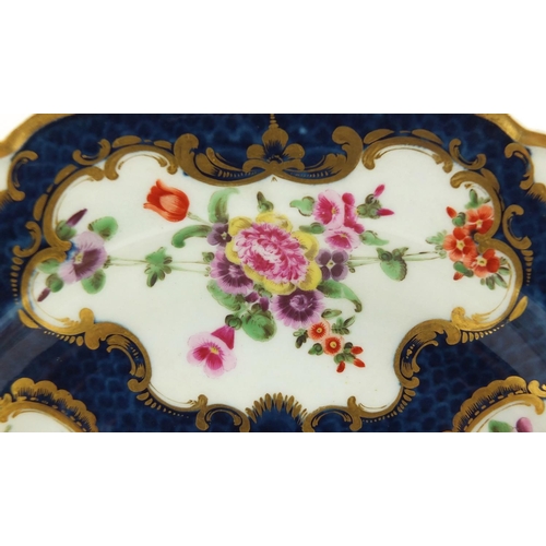 794 - 18th century Worcester shallow dish, hand painted with panels of flowers and butterflies, within gil... 