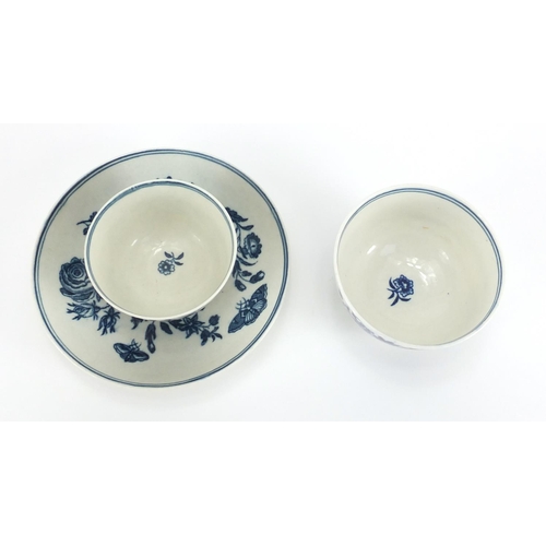 791 - Two 18th century Worcester tea bowls one with saucer, the tea bowl and saucer printed in the moth pa... 