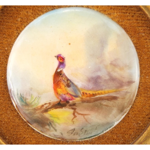 796 - Pair of circular Royal Worcester porcelain panels hand painted with pheasants by James Stinton, hous... 